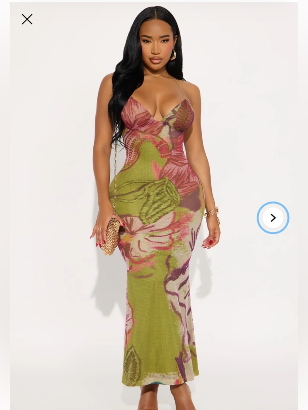 Fashion Nova Olive Green & Pink Floral Maxi Slip Dress